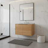 36" Brown Wood Floating Double Door Bathroom Vanity With White Sink - HomeRoots - Flyclothing LLC
