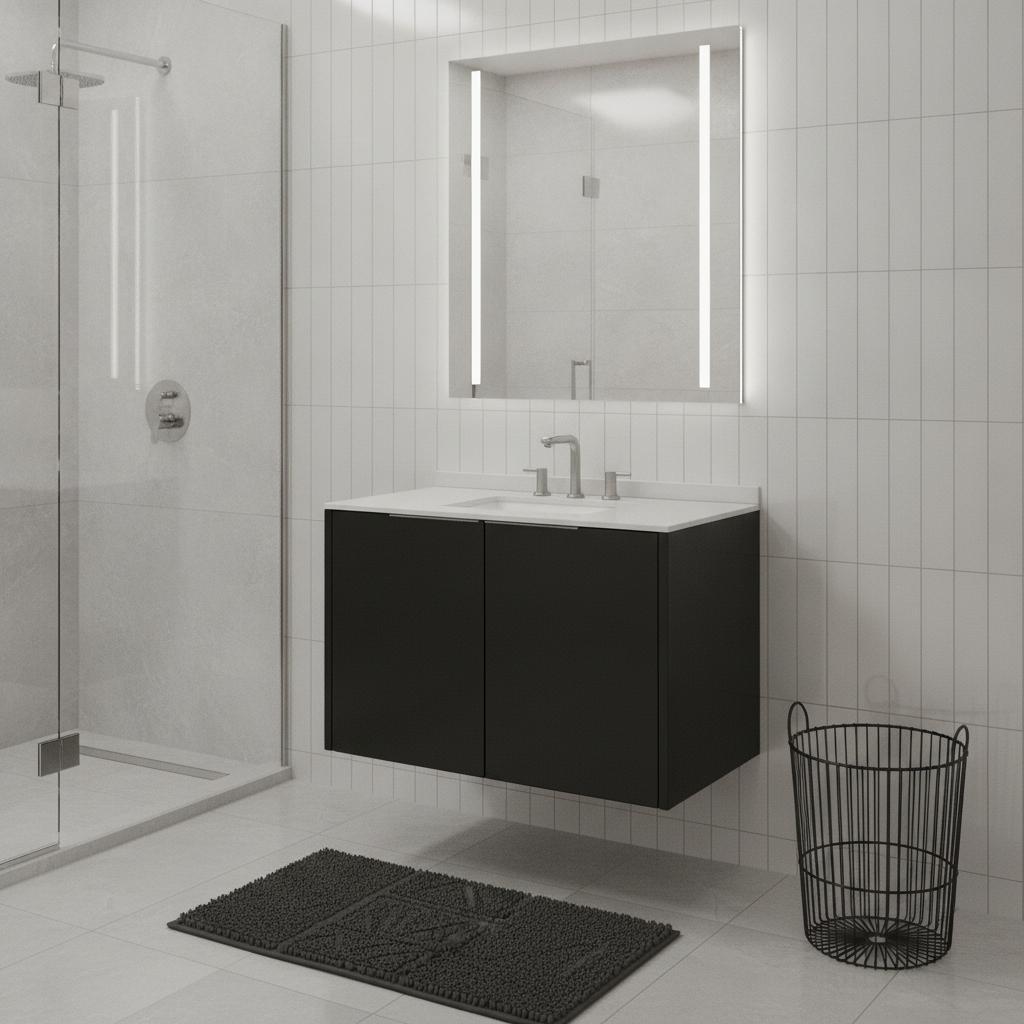 36" Black Wood Floating Double Door Bathroom Vanity With White Sink - HomeRoots - Flyclothing LLC