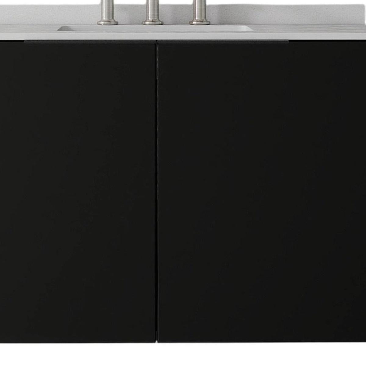 36" Black Wood Floating Double Door Bathroom Vanity With White Sink - HomeRoots - Flyclothing LLC