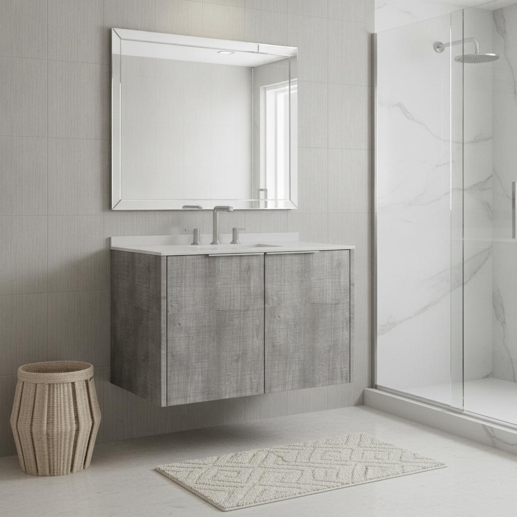 36" Gray Wood Floating Double Door Bathroom Vanity With White Sink - HomeRoots - Flyclothing LLC
