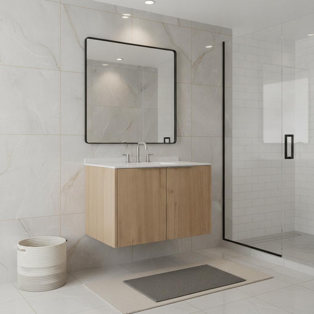 36" Brown Wood Floating Double Door Bathroom Vanity With White Sink - HomeRoots - Flyclothing LLC