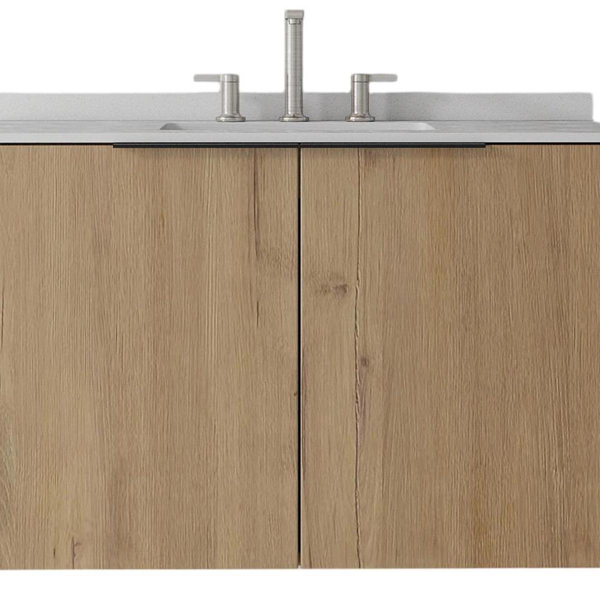 36" Brown Wood Floating Double Door Bathroom Vanity With White Sink - HomeRoots - Flyclothing LLC
