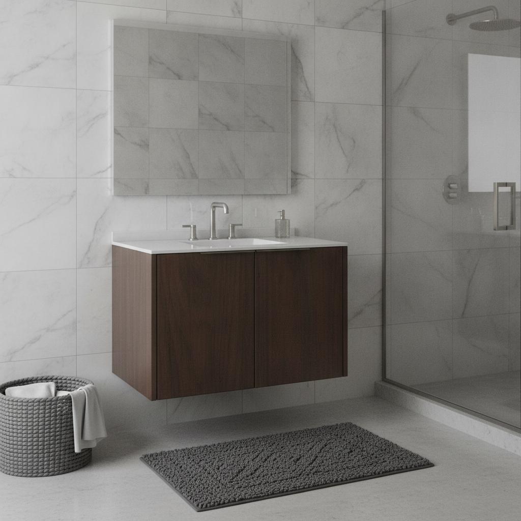 36" Brown Wood Floating Double Door Bathroom Vanity With White Sink - HomeRoots - Flyclothing LLC