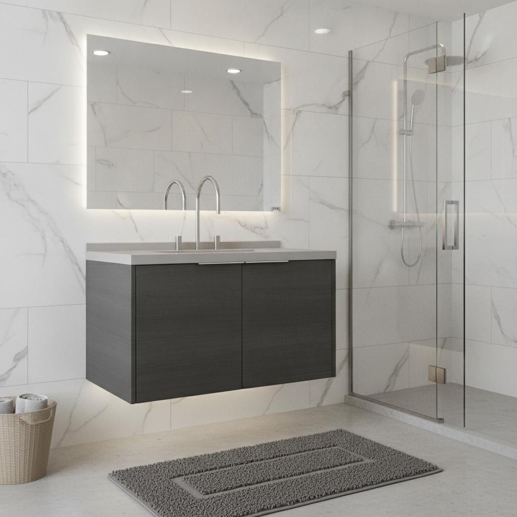 36" Gray Wood Floating Double Door Bathroom Vanity With White Sink - HomeRoots - Flyclothing LLC