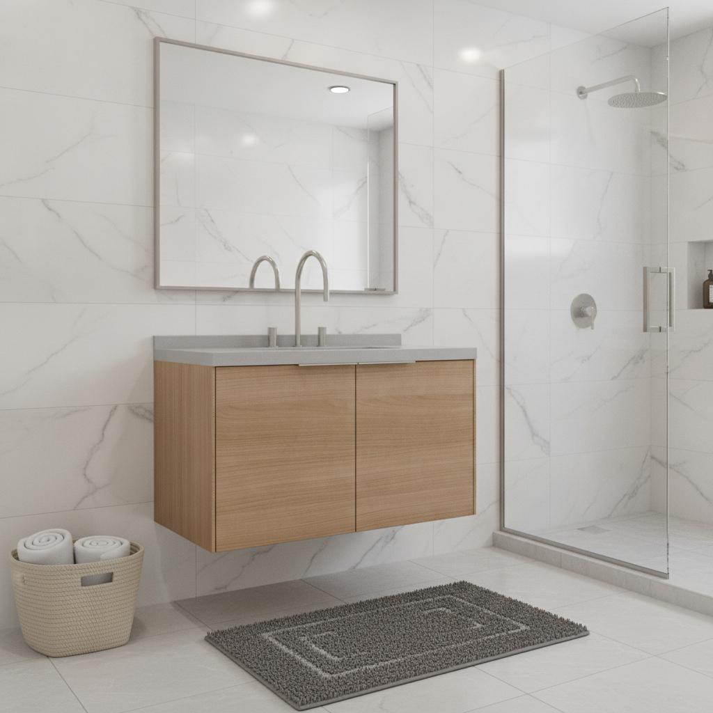 36" Brown Wood Floating Double Door Bathroom Vanity With White Sink - HomeRoots - Flyclothing LLC