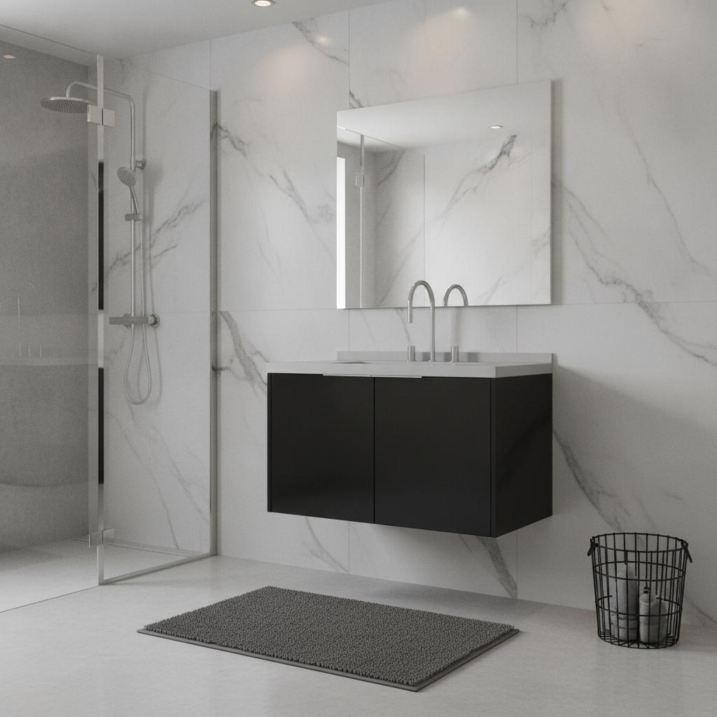 36" Black Wood Floating Double Door Bathroom Vanity With White Sink - HomeRoots - Flyclothing LLC
