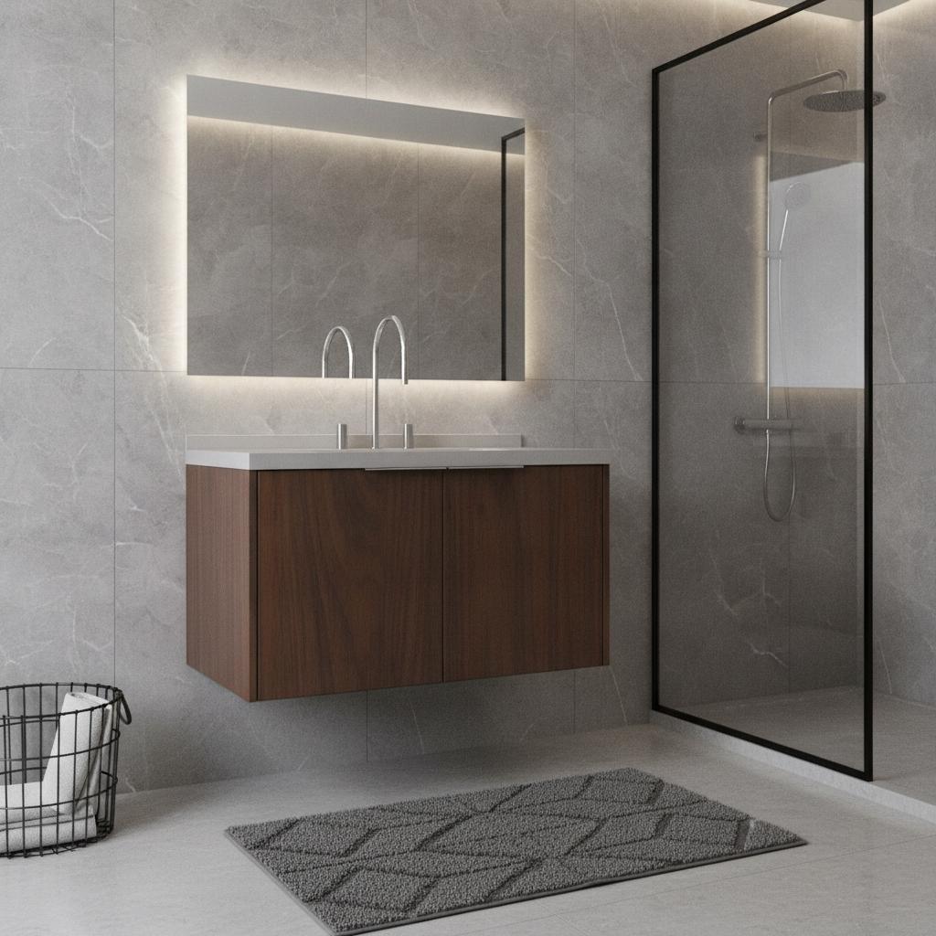 36" Brown Wood Floating Double Door Bathroom Vanity With White Sink - HomeRoots - Flyclothing LLC