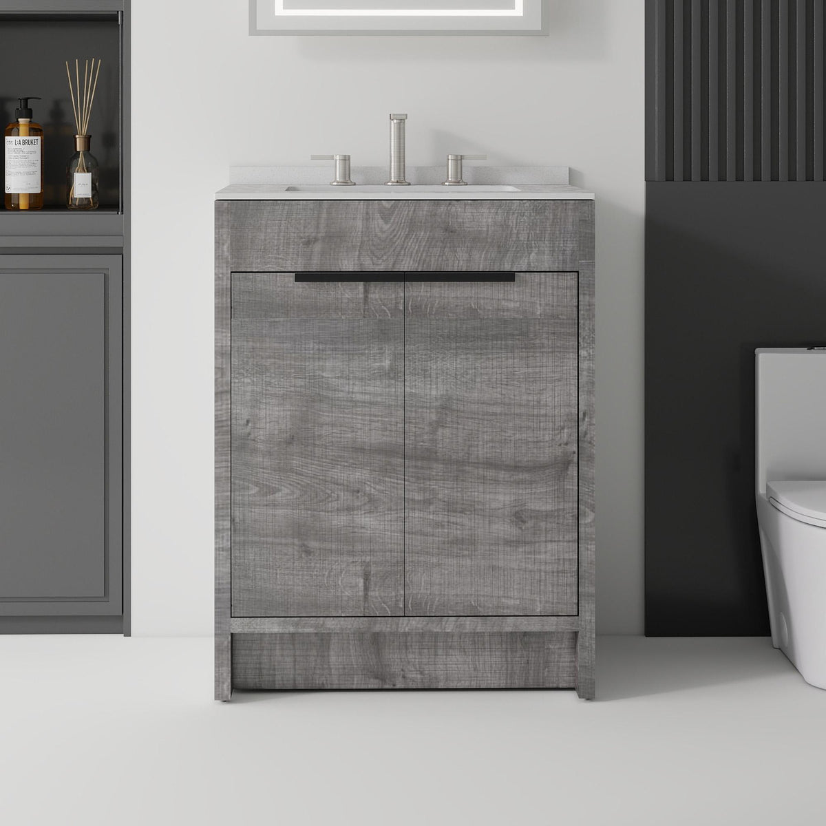 24" Gray Wood Freestanding Double Door Bathroom Vanity With White Sink - HomeRoots - Flyclothing LLC