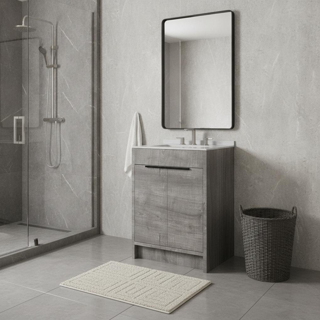 24" Gray Wood Freestanding Double Door Bathroom Vanity With White Sink - HomeRoots - Flyclothing LLC