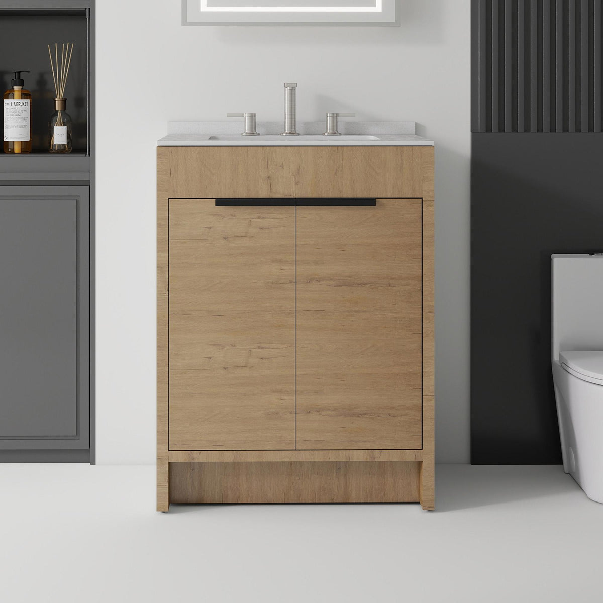 24" Brown Wood Freestanding Double Door Bathroom Vanity With White Sink - HomeRoots - Flyclothing LLC