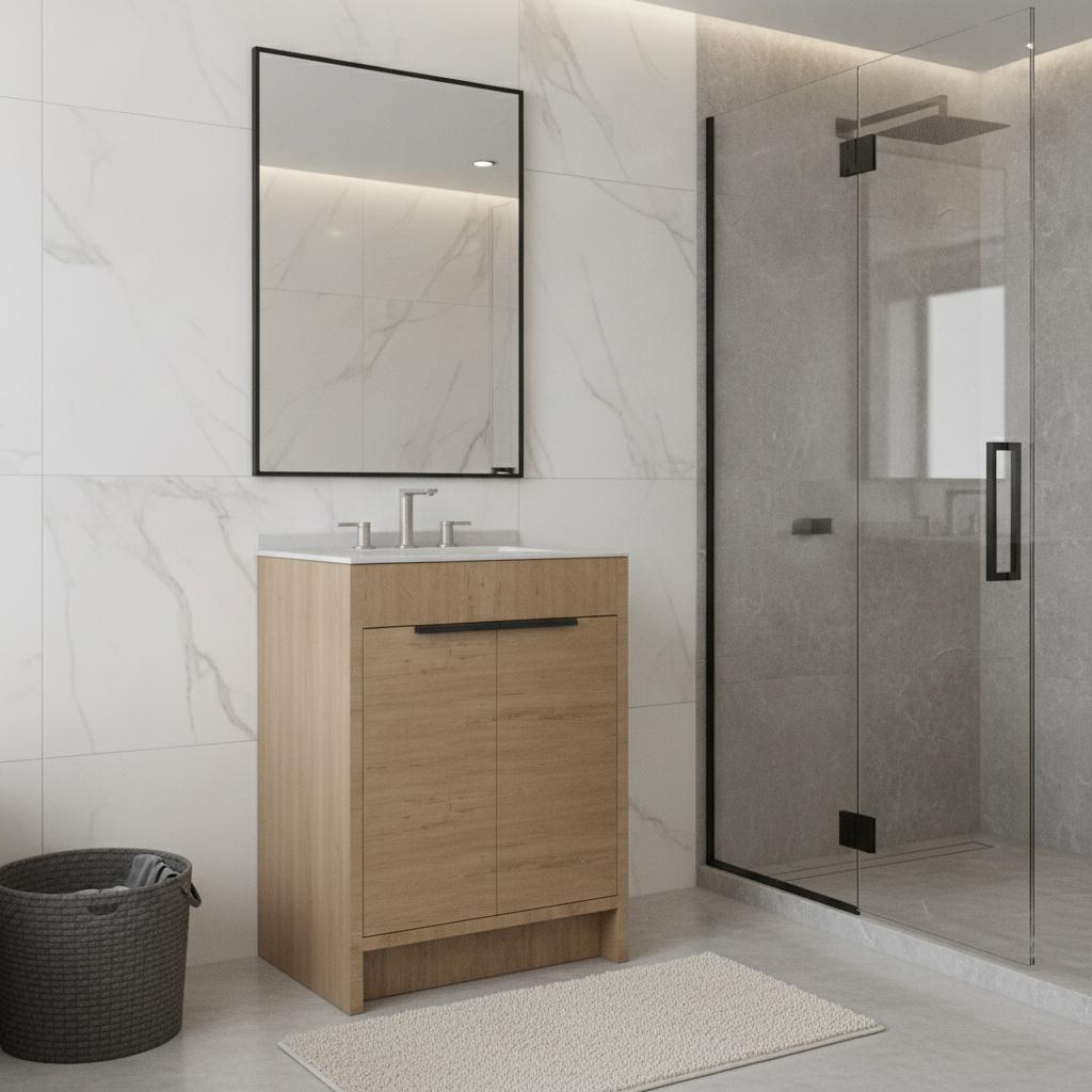 24" Brown Wood Freestanding Double Door Bathroom Vanity With White Sink - HomeRoots - Flyclothing LLC