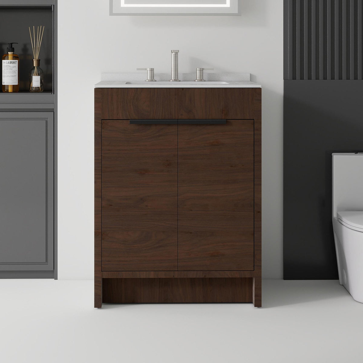 24" Brown Wood Freestanding Double Door Bathroom Vanity With White Sink - HomeRoots - Flyclothing LLC