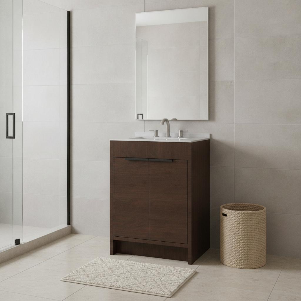24" Brown Wood Freestanding Double Door Bathroom Vanity With White Sink - HomeRoots - Flyclothing LLC