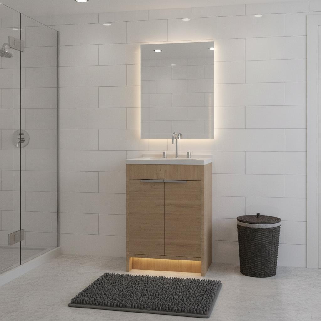 24" Brown Wood Freestanding Double Door Bathroom Vanity With White Sink - HomeRoots - Flyclothing LLC