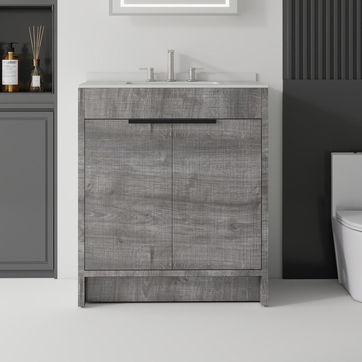 30" Gray Wood Freestanding Double Door Bathroom Vanity With White Sink - HomeRoots - Flyclothing LLC