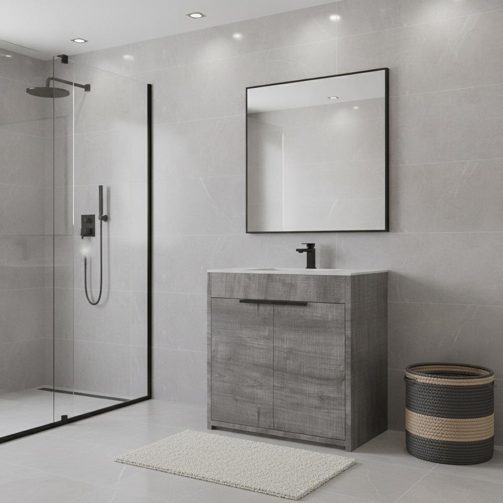 30" Gray Wood Freestanding Double Door Bathroom Vanity With White Sink - HomeRoots - Flyclothing LLC