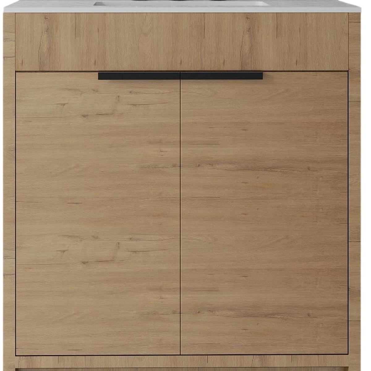 30" Brown Wood Freestanding Double Door Bathroom Vanity With White Sink - HomeRoots - Flyclothing LLC