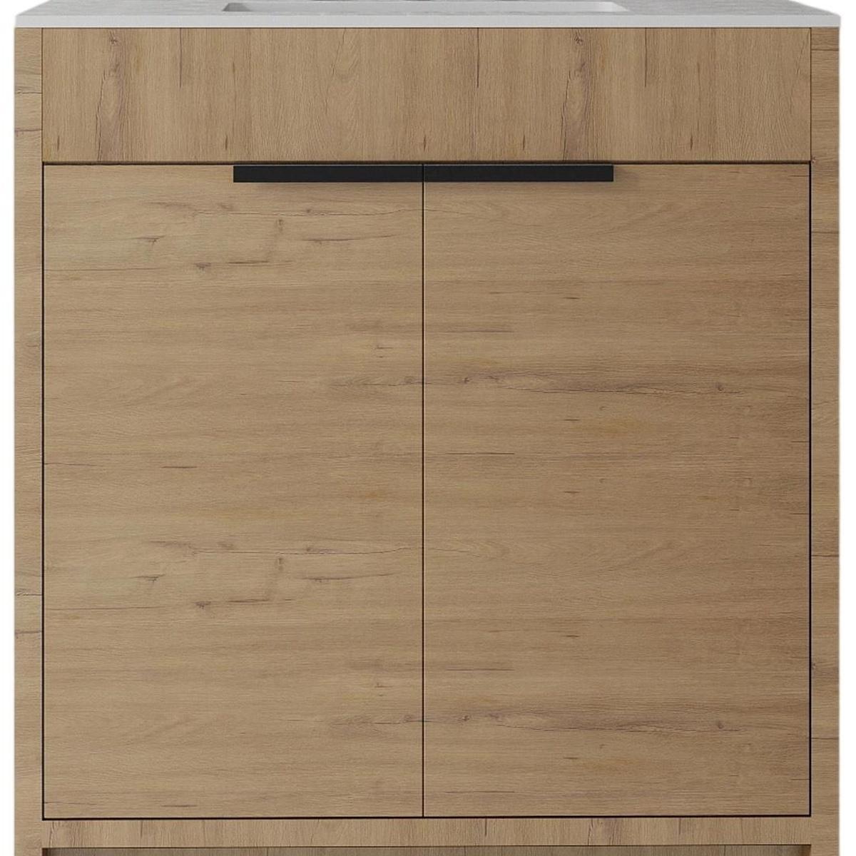 30" Brown Wood Freestanding Double Door Bathroom Vanity With White Sink - HomeRoots - Flyclothing LLC