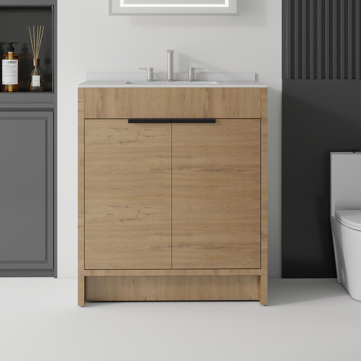 30" Brown Wood Freestanding Double Door Bathroom Vanity With White Sink - HomeRoots - Flyclothing LLC