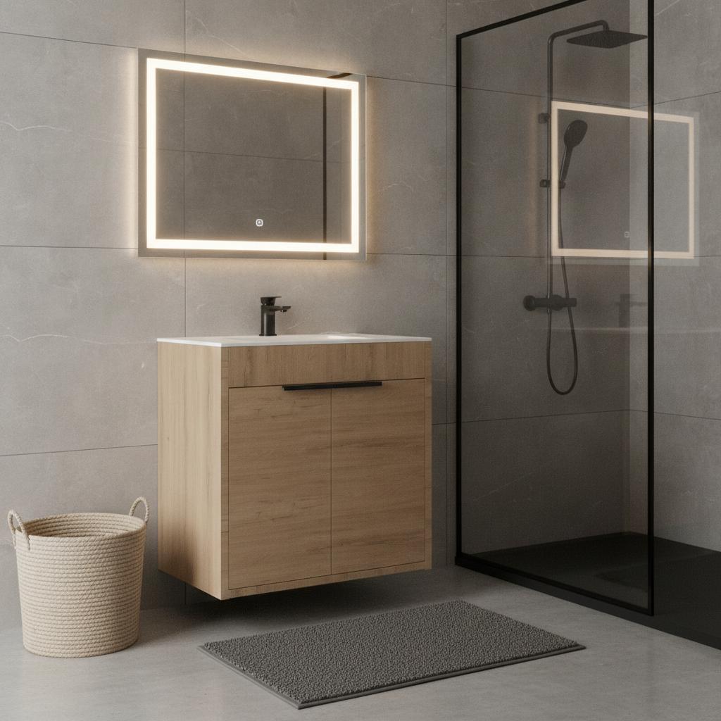 30" Brown Wood Freestanding Double Door Bathroom Vanity With White Sink - HomeRoots - Flyclothing LLC