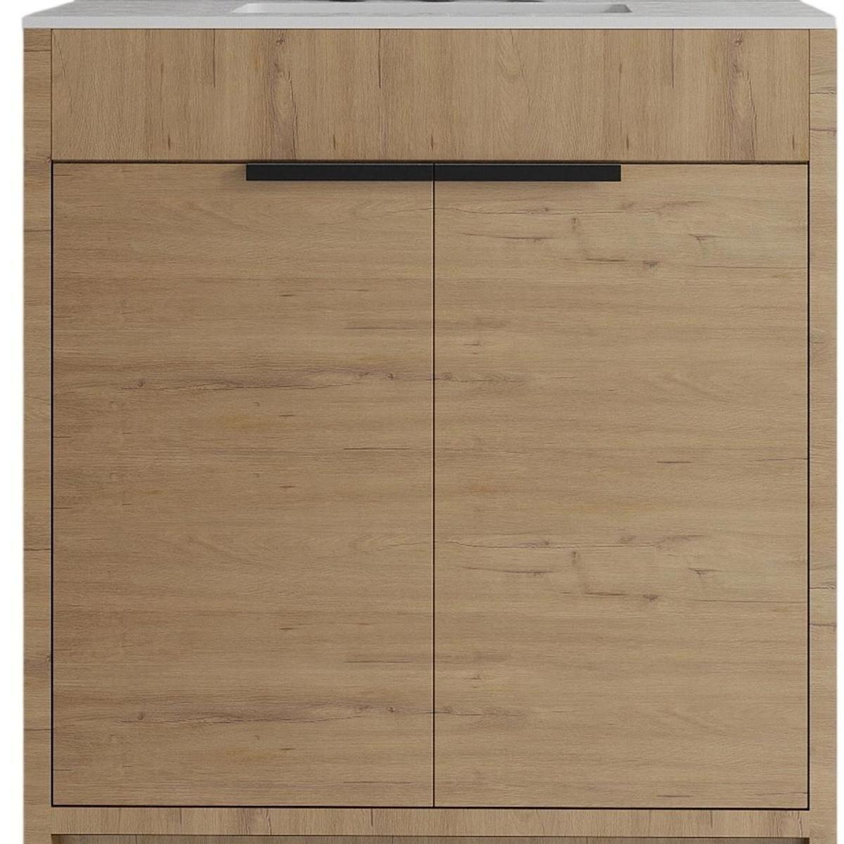 30" Brown Wood Freestanding Double Door Bathroom Vanity With White Sink - HomeRoots - Flyclothing LLC
