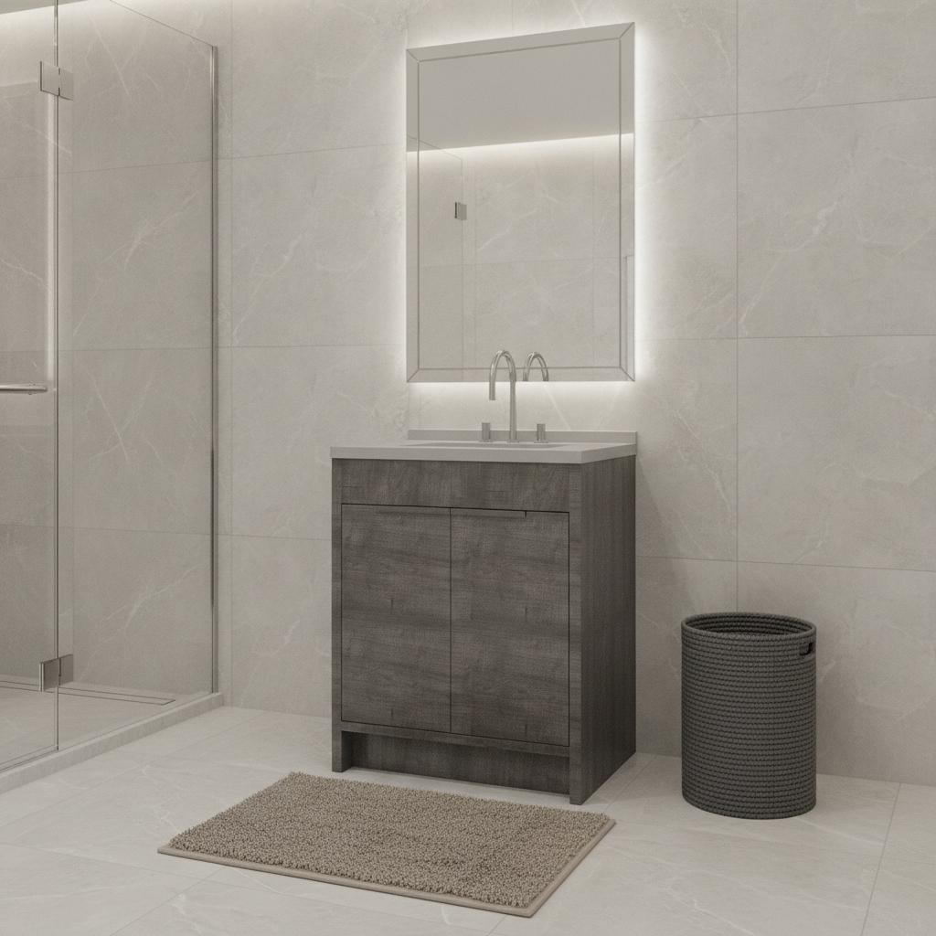 30" Gray Wood Freestanding Double Door Bathroom Vanity With White Sink - HomeRoots - Flyclothing LLC