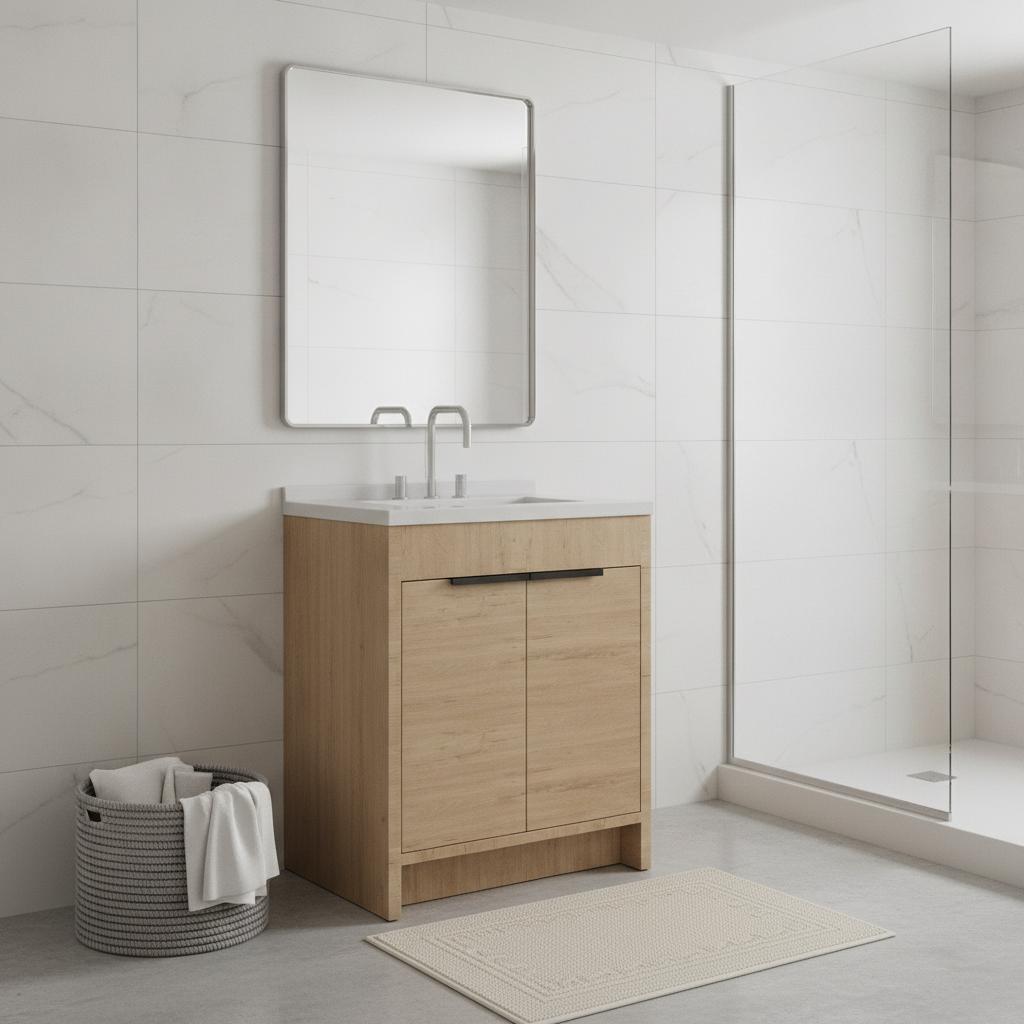 30" Brown Wood Freestanding Double Door Bathroom Vanity With White Sink - HomeRoots - Flyclothing LLC