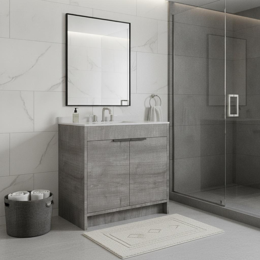 36" Gray Wood Freestanding Double Door Bathroom Vanity With White Sink - HomeRoots - Flyclothing LLC