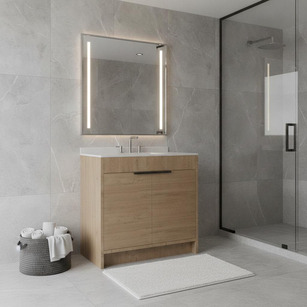 36" Brown Wood Freestanding Double Door Bathroom Vanity With White Sink - HomeRoots - Flyclothing LLC