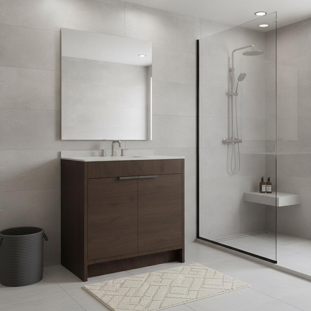 36" Brown Wood Freestanding Double Door Bathroom Vanity With White Sink - HomeRoots - Flyclothing LLC