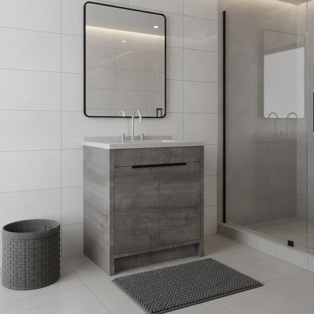 36" Gray Wood Freestanding Double Door Bathroom Vanity With White Sink - HomeRoots - Flyclothing LLC