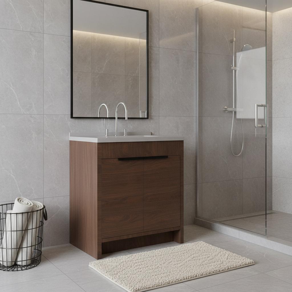 36" Brown Wood Freestanding Double Door Bathroom Vanity With White Sink - HomeRoots - Flyclothing LLC