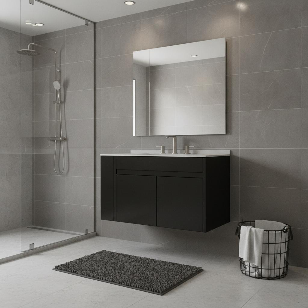 30" Black Wood Floating Double Door Bathroom Vanity With White Sink - HomeRoots - Flyclothing LLC
