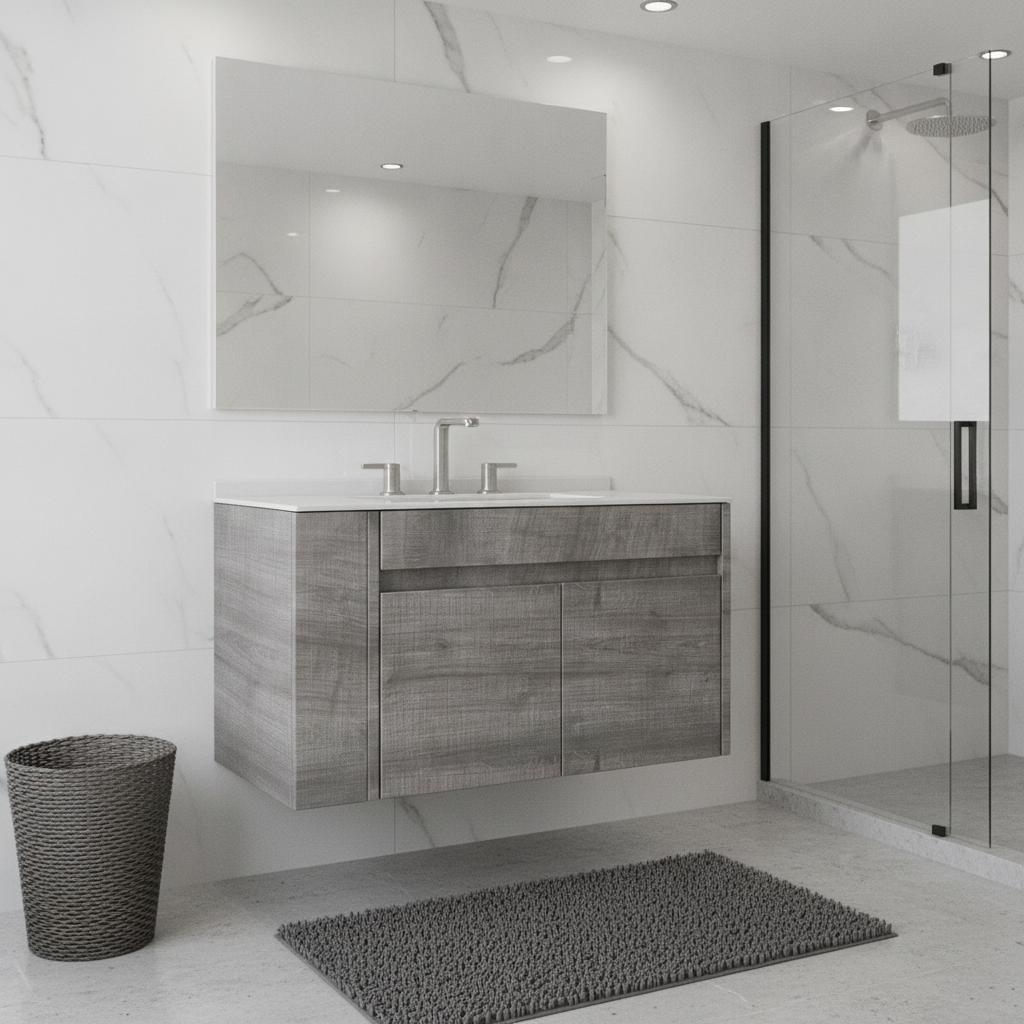 30" Gray Wood Floating Double Door Bathroom Vanity With White Sink - HomeRoots - Flyclothing LLC