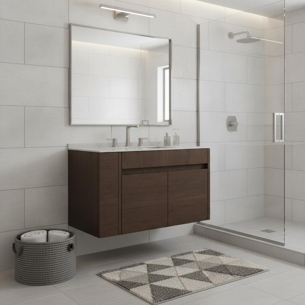 30" Brown Wood Floating Double Door Bathroom Vanity With White Sink - HomeRoots - Flyclothing LLC