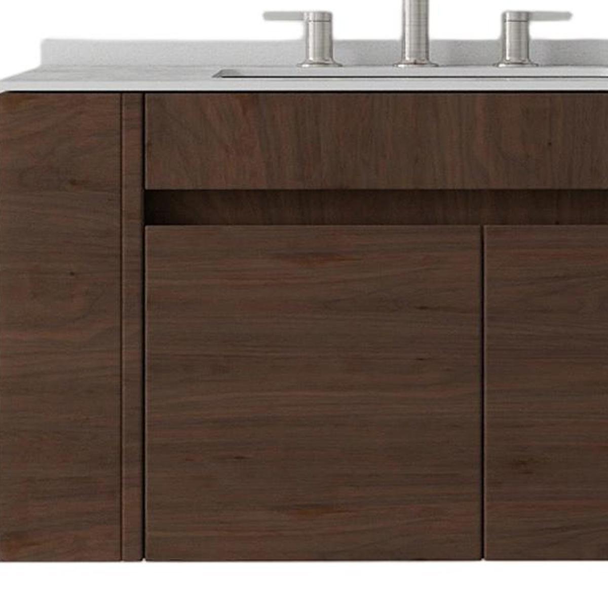 30" Brown Wood Floating Double Door Bathroom Vanity With White Sink - HomeRoots - Flyclothing LLC