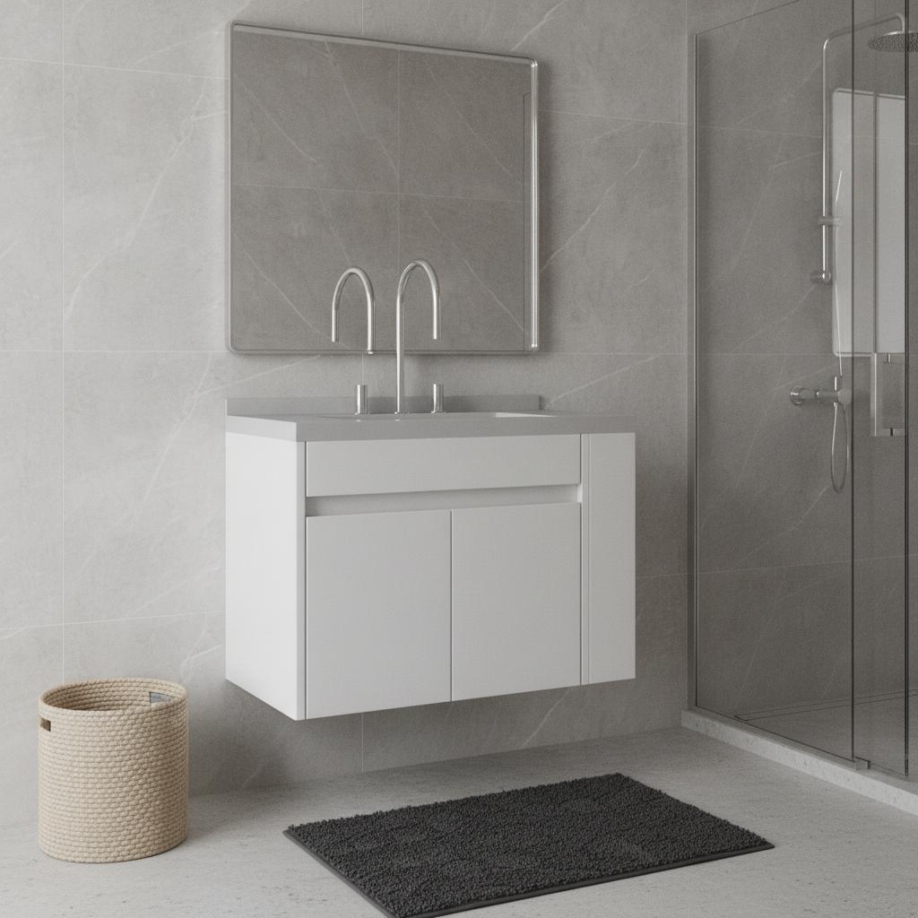 30" White Wood Floating Double Door Bathroom Vanity With Sink - HomeRoots - Flyclothing LLC