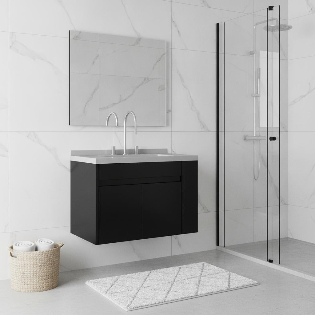 30" Black Wood Floating Double Door Bathroom Vanity With White Sink - HomeRoots - Flyclothing LLC