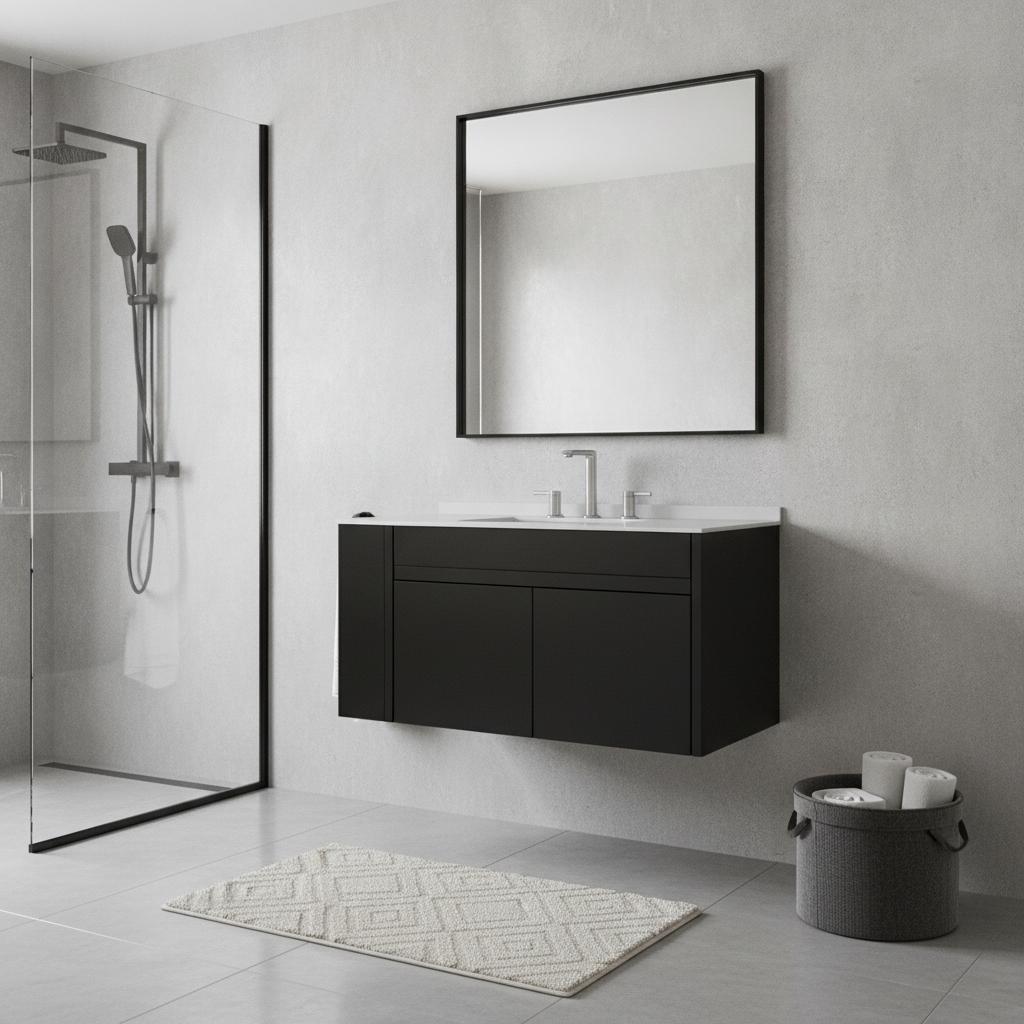36" Black Wood Floating Double Door Bathroom Vanity With White Sink - HomeRoots - Flyclothing LLC