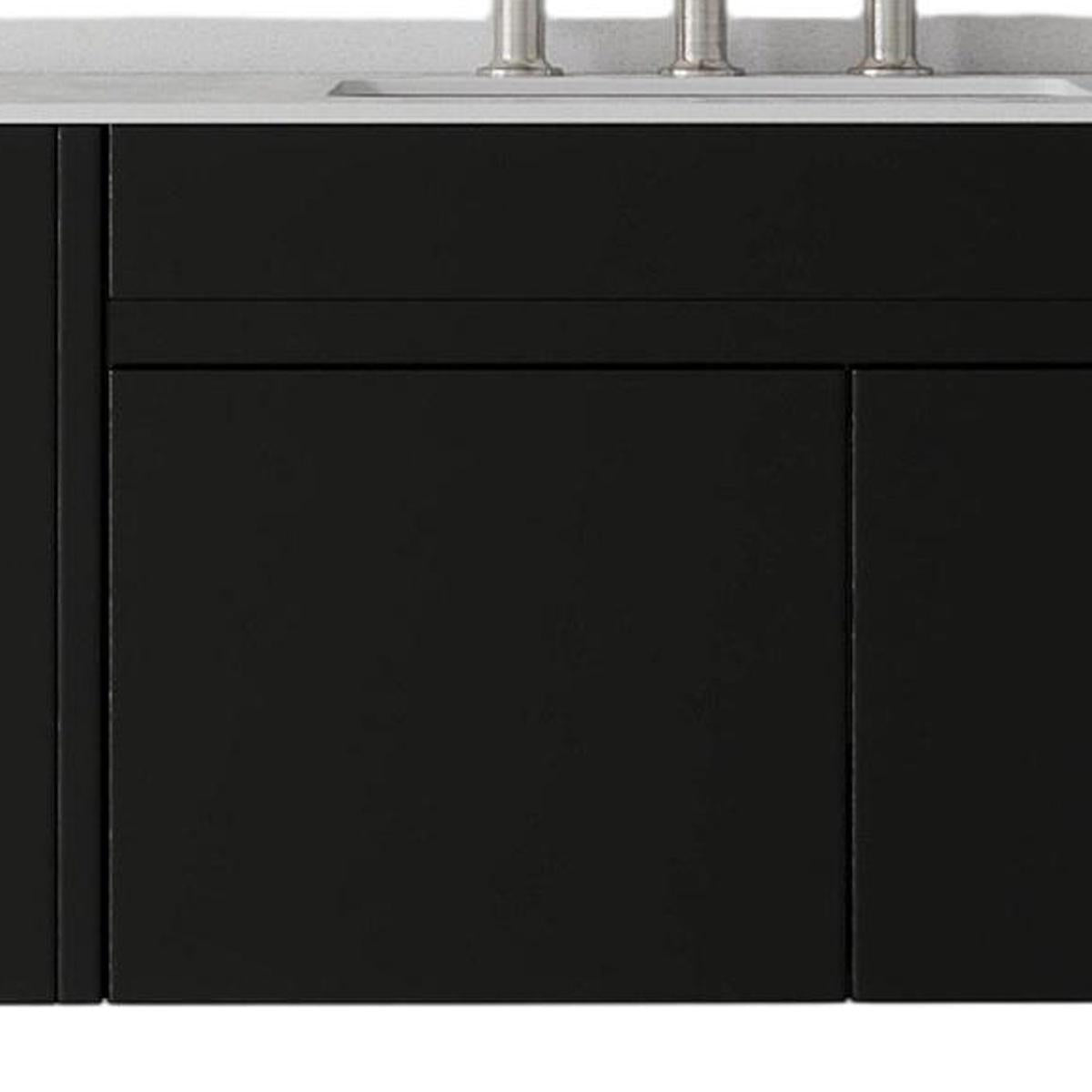 36" Black Wood Floating Double Door Bathroom Vanity With White Sink - HomeRoots - Flyclothing LLC