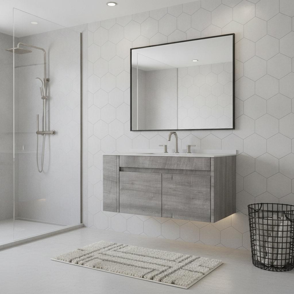 36" Gray Wood Floating Double Door Bathroom Vanity With White Sink - HomeRoots - Flyclothing LLC