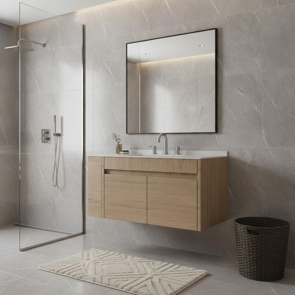 36" Brown Wood Floating Double Door Bathroom Vanity With White Sink - HomeRoots - Flyclothing LLC