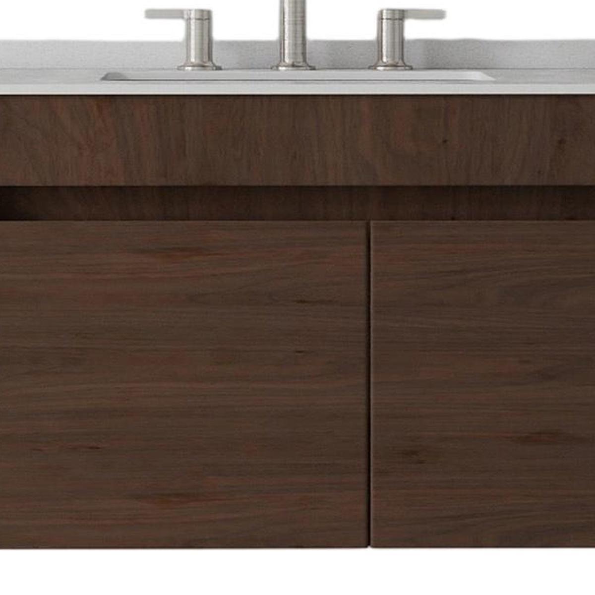 36" Brown Wood Floating Double Door Bathroom Vanity With White Sink - HomeRoots - Flyclothing LLC