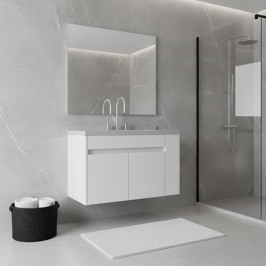36" White Wood Floating Double Door Bathroom Vanity With Sink - HomeRoots - Flyclothing LLC