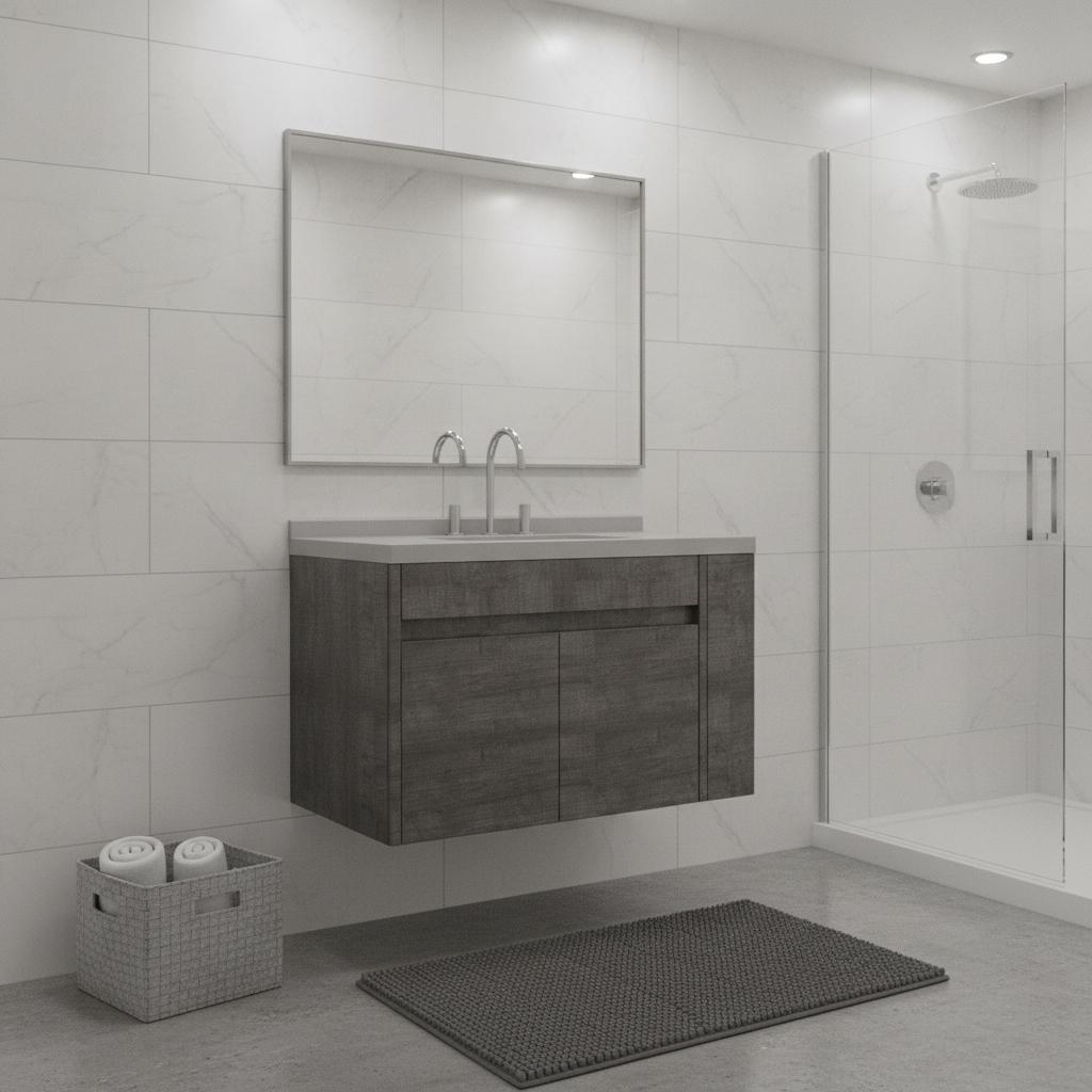 36" Gray Wood Floating Double Door Bathroom Vanity With White Sink - HomeRoots - Flyclothing LLC