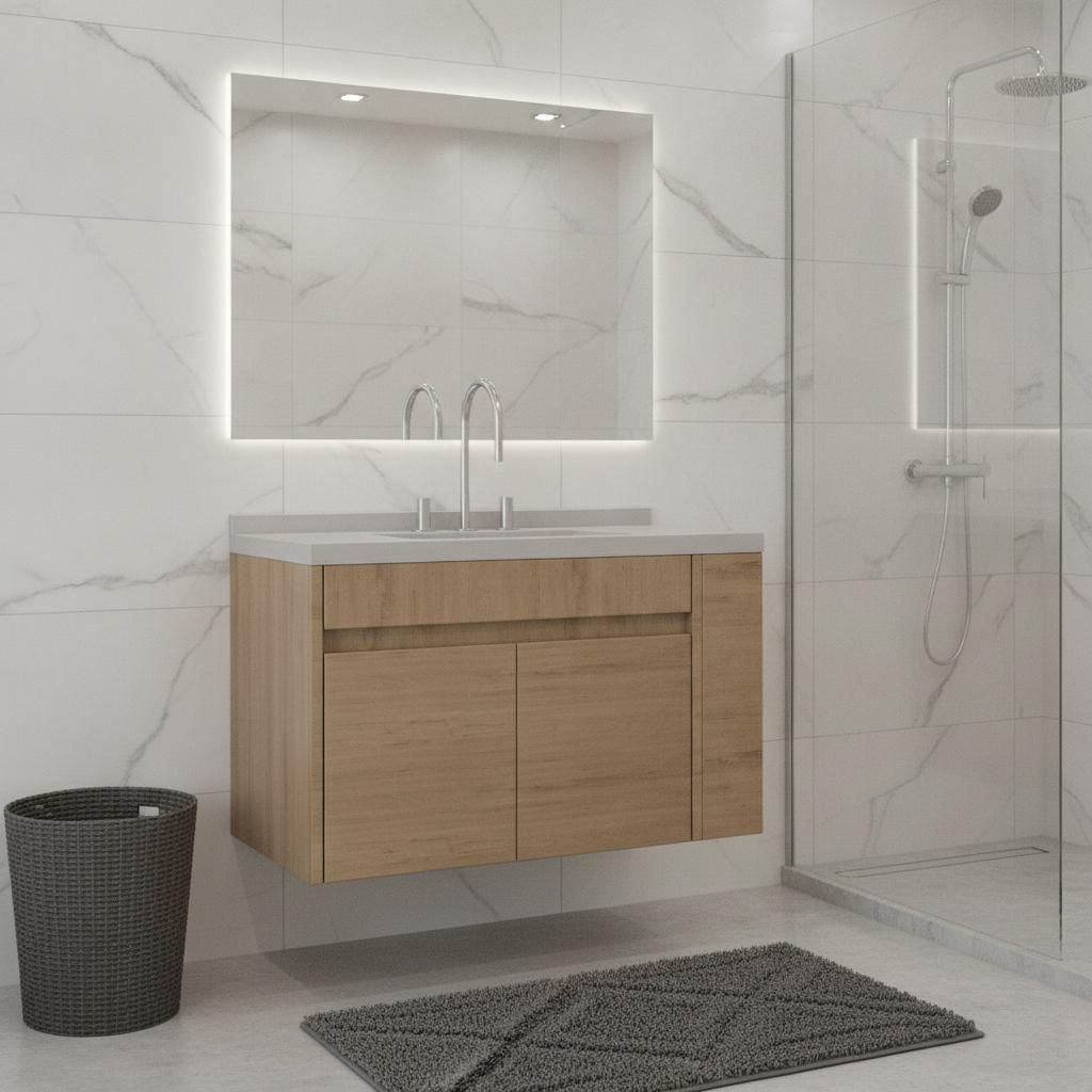 36" Brown Wood Floating Double Door Bathroom Vanity With White Sink - HomeRoots - Flyclothing LLC