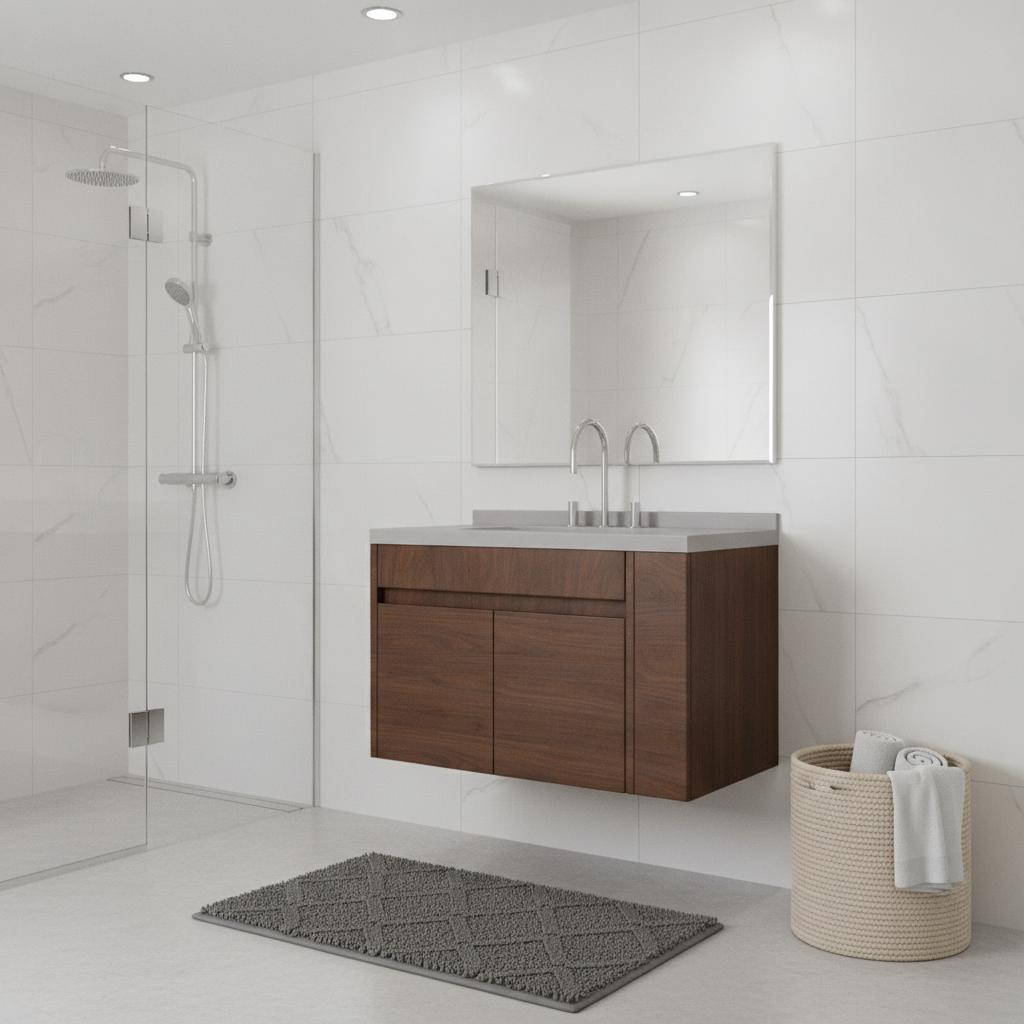 36" Brown Wood Floating Double Door Bathroom Vanity With White Sink - HomeRoots - Flyclothing LLC