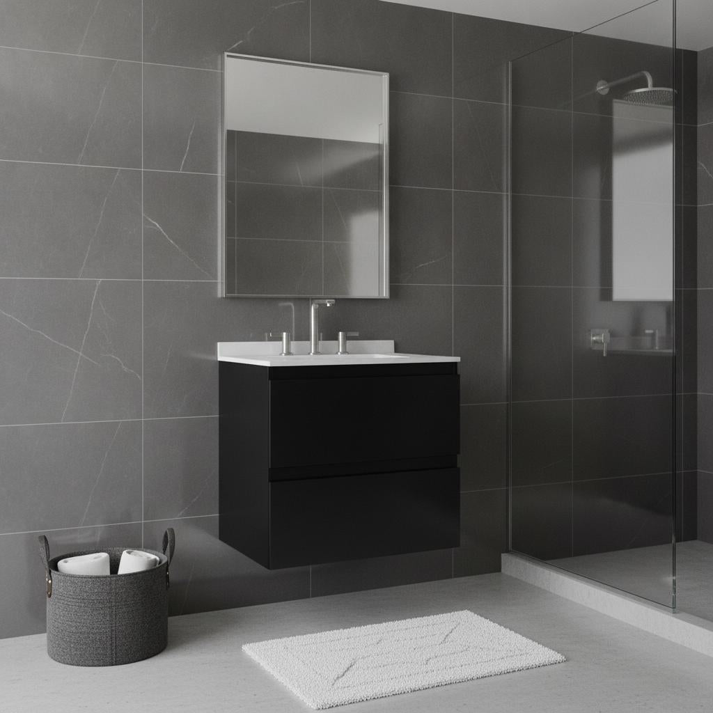 24" Black Wood Floating Bathroom Vanity With White Sink And Two Drawers - HomeRoots - Flyclothing LLC