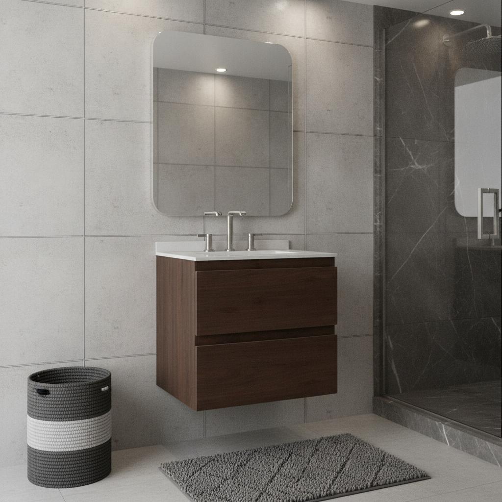 24" Brown Wood Floating Bathroom Vanity With White Sink And Two Drawers - HomeRoots - Flyclothing LLC