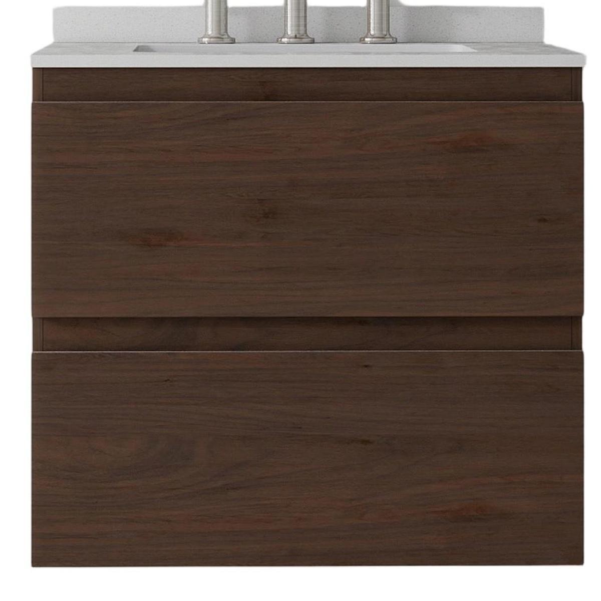 24" Brown Wood Floating Bathroom Vanity With White Sink And Two Drawers - HomeRoots - Flyclothing LLC